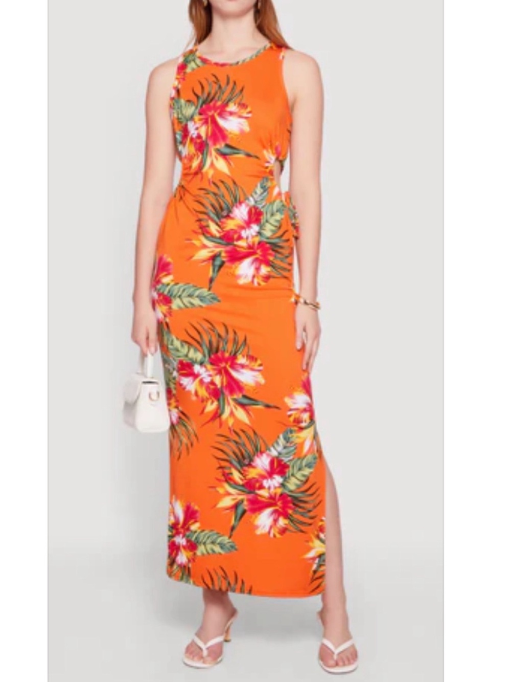 Tropical Drawstring adjustable side cut out 
Orange Floral Maxi Dress